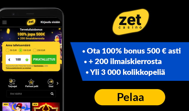 Zetcasino kokemuksia pääsee keräämään 100% bonuksella aina 500 euroon asti