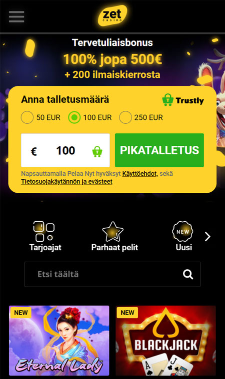 Zetcasinon päivitetty mobiilinäkymä