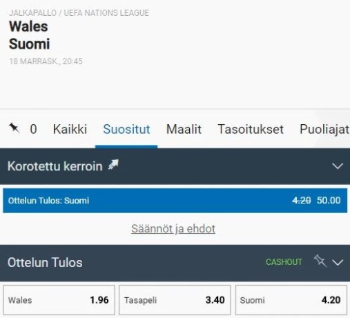 Korotettu kerroin Suomelle Nordicbetiltä Suomi Wales Otteluun