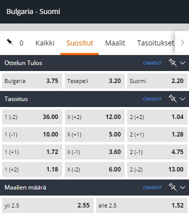 Betsson kertoimet Bulgaria Suomi otteluun.