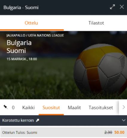 Uudet pelaajat saavat korotetun kertoimen Suomelle Bulgariaa vastaan
