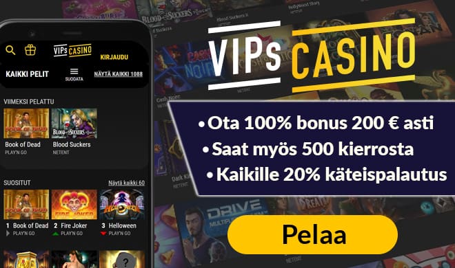VipsCasino.com kokemuksia pääsee keräämään 200 euron bonuksen sekä 500 ilmaiskierroksen avulla