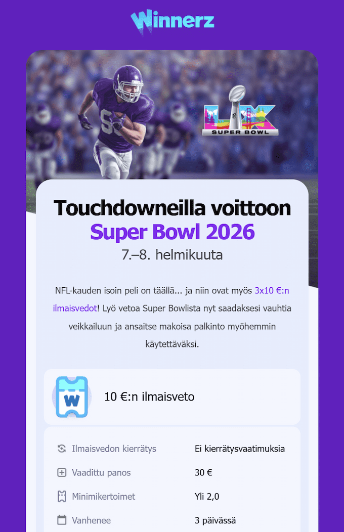 winnerz super bowl ilmaisveto 2026