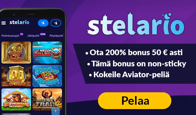 Stelario Casinolla voit aloittaa pelit 200% bonuksella 50 € asti