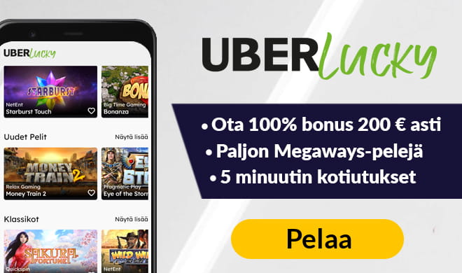 UberLucky Casinolla pääset aloittamaan pelit 100% bonuksella, joka on voimassa aina 500 € asti