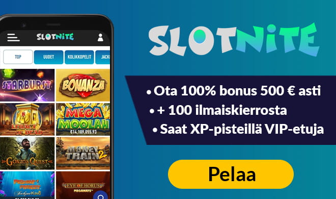 Slotnite kasino kokemuksia voi kerätä 100% bonuksella sekä 100 ilmaiskierroksella