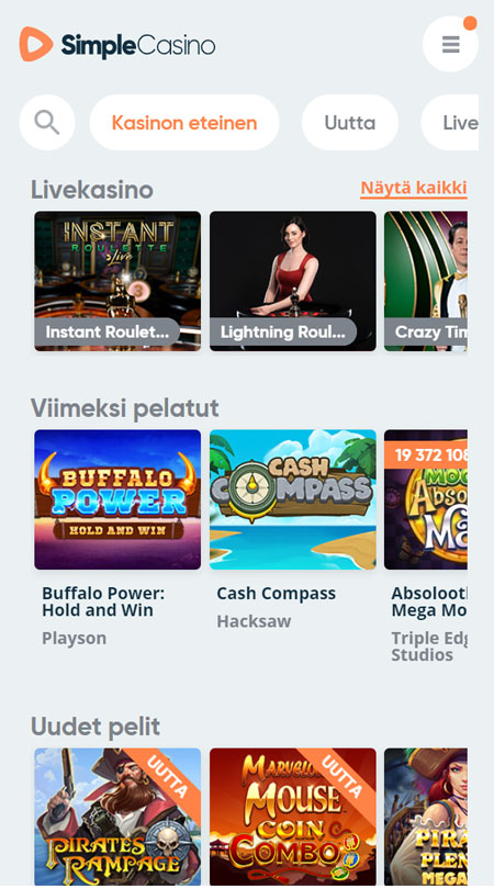 Simple Casino toimii sukkelasti myös puhelimella