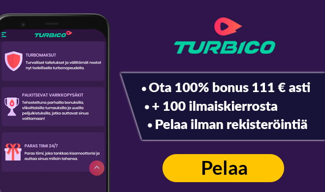 Nappaa 100% talletusbonus 111 € asti + 100 ilmaiskierrosta Turbicolta