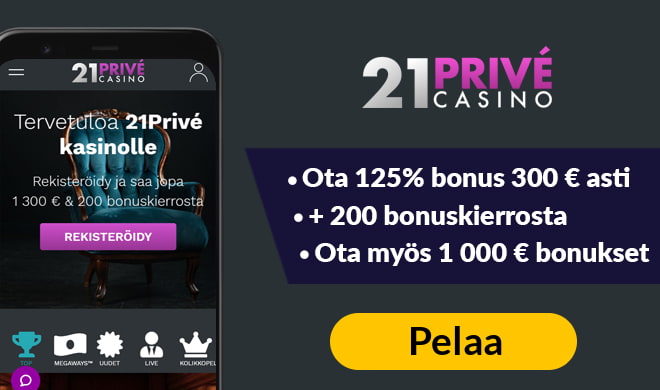 Aloita pelit 21prive kasinolla 125% bonuksella + 200 kierroksella