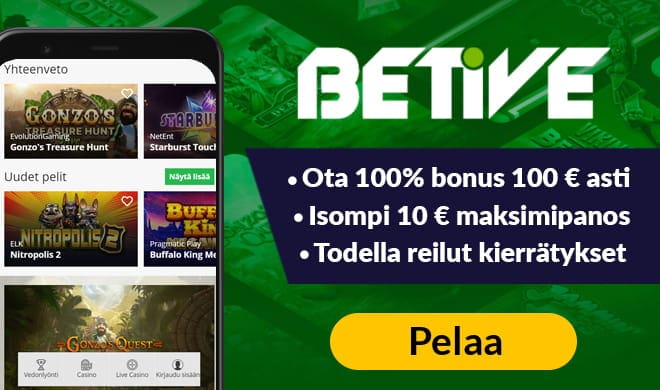 Kokeile Betive Casinoa 100% bonuksella, joka on voimassa aina 100 euron talletukseen asti