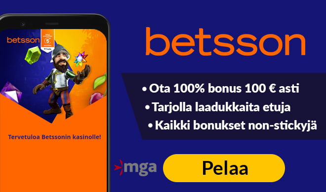 Betsson casino tarjoaa 100% non-sticky bonuksen 200 € asti + 50 käteiskierrosta.
