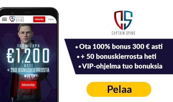 Kokeile Captain Spins kasinoa 100% bonuksella, joka on voimassa aina 300 € asti