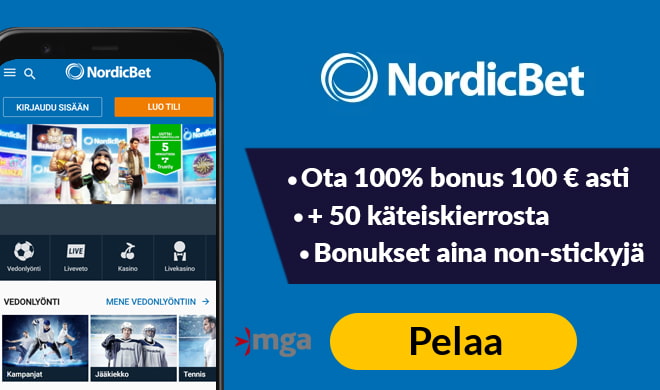 Aloita pelit Nordibet kasinolla 100% non-sticky bonuksella