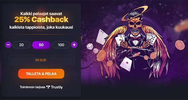 Praise casino bonuksena toimii 25% käteispalautus