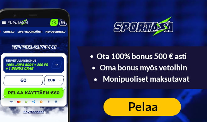 Sportaza Casinolla pääset aloittamaan pelit 100% bonuksella 500 € asti