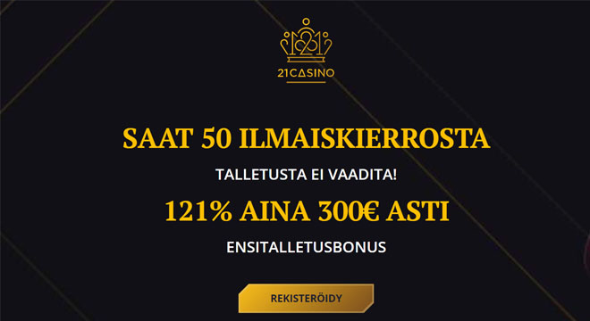 21Casino.comilta nappaat 50 kierrosta sekä 121% talletusbonuksen