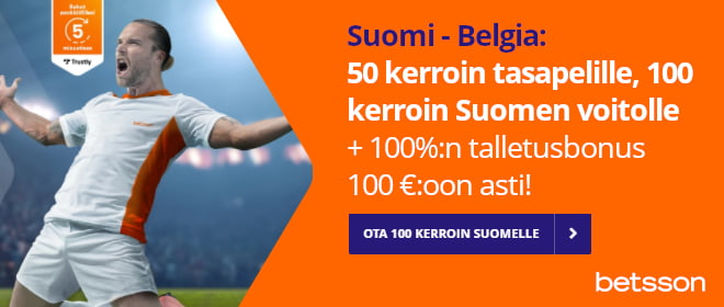 50 kerroin tasapelistä tai 100 kerroin Suomen voitosta FIN-BEL ottelussa 21.6.