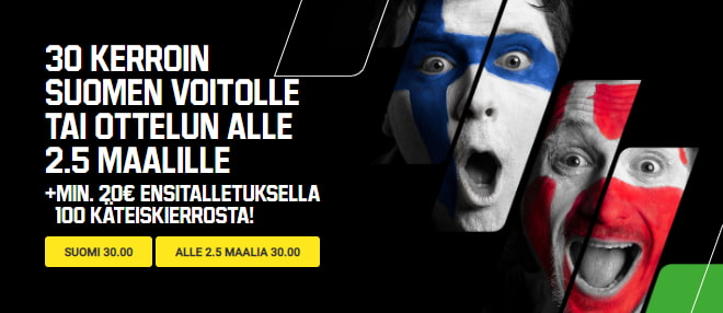 Unibet tarjoaa 30 kertoimen Suomi - Tanska -otteluun, voitot ovat ilman kierrätyksiä.