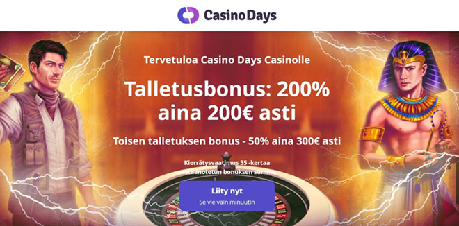 Casino Days bonuksen avulla tuplaat talletuksesi 500 € asti