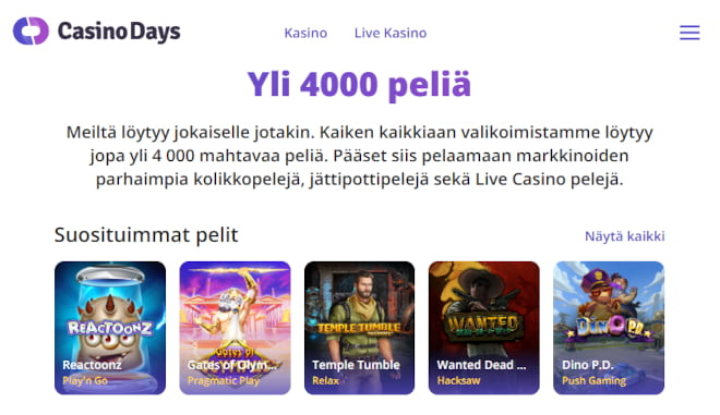 Casino Days kokemuksia pääsee keräämään 100% bonuksella