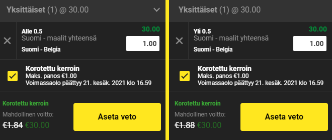 Suomi - Belgia 30 kerroin Suomen maalille tai ei maalia