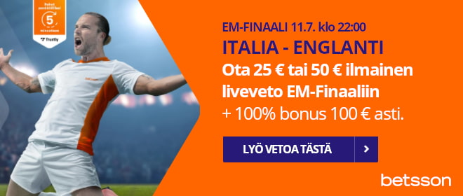 EM vedonlyöntibonus Betssonilta Finaaliin. Ota 25 € tai 50 € ilmaisveto ja 100% bonus.