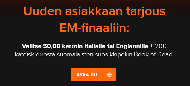 Italia - Englanti EM-Finaali kerroin. Casinowinner tarjoaa 50 kertoimen molemmille joukkueille.