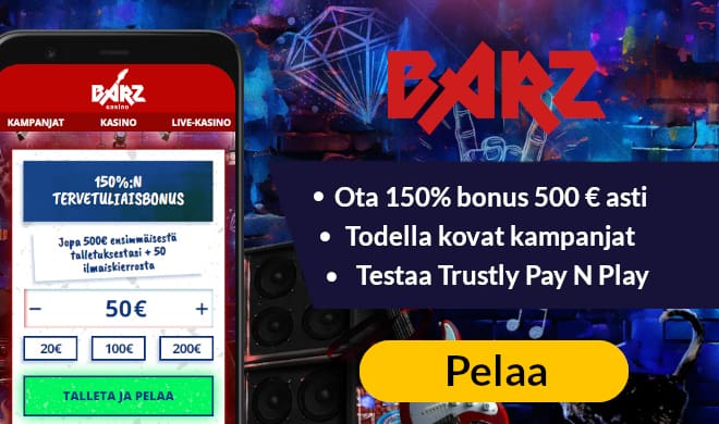 Barz Casino bonus toimii 500 € asti. Painamalla kuvaa voit aktivoida 200% bonuksen + 50 kierrosta.