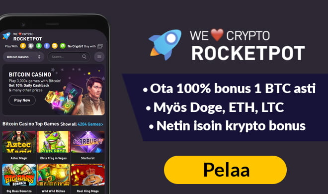 Rocketpot.io tarjoaa netin isoimman bonuksen joka on 100% 1 BTC asti