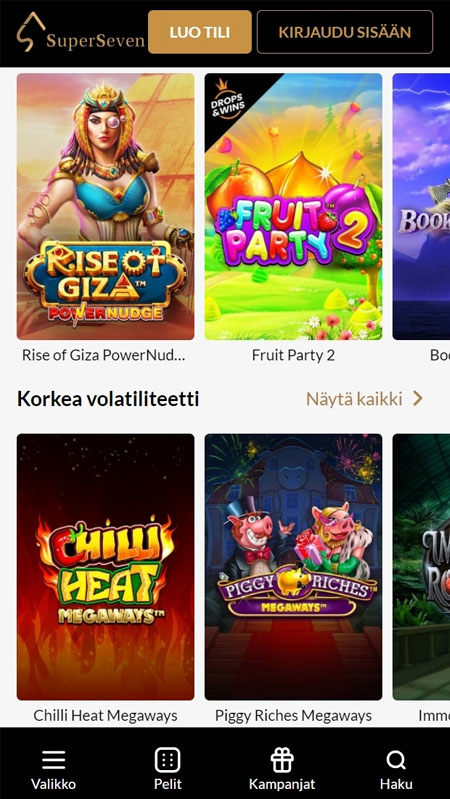 Superseven kasino toimii hyvin myös mobiilissa