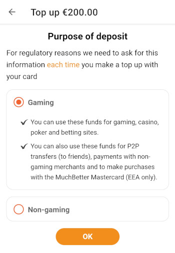 Valitse talletuksen tarkoitukseksi rahapelaaminen jotta voit tehdä MuchBetter kasino talletuksen.
