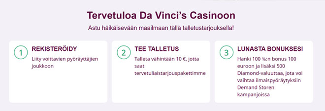 Da Vinci's Casinon bonuksen ohjeet on myös mainittu sivulla ja ne ovat todella selkeät