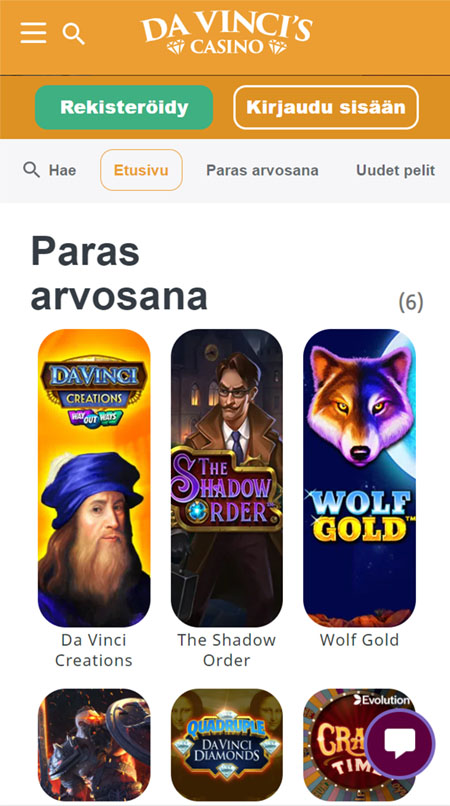 DaVinci's Casinon pelivalikoima on saatavilla myös mobiilissa