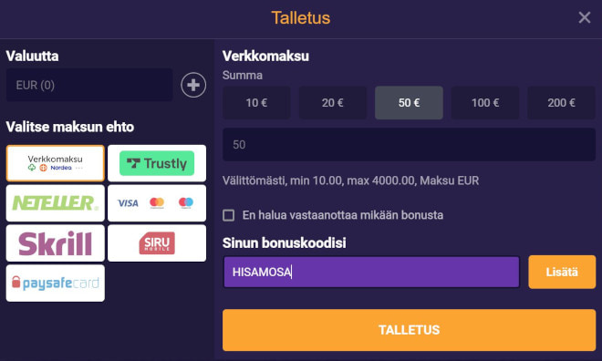 Syötä Samosa Casino bonuskoodi talletuksen yhteydessä