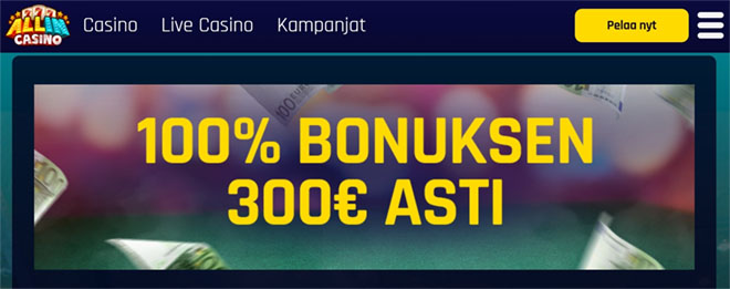 All in Casino tuplaa ensimmäisen talletuksen 300 € asti