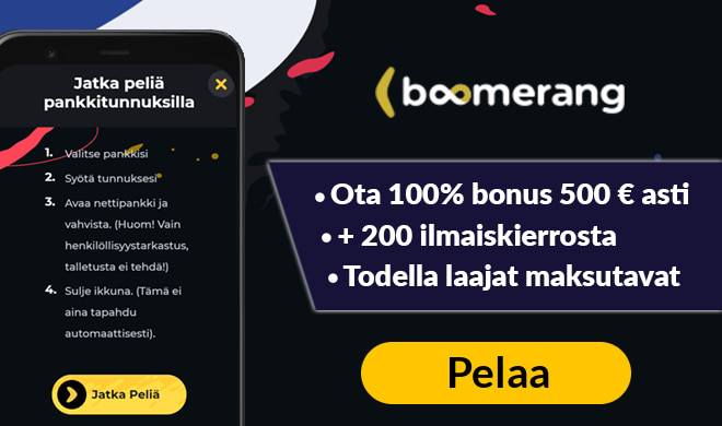 Boomerang Casino sivustolla voit aloittaa pelit 100% bonuksella 500 € asti