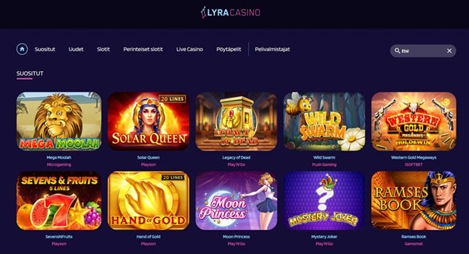 LyraCasino aulasta löydät satoja hauskoja pelejä