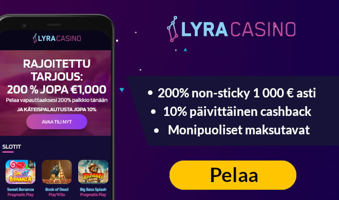 Uusille Lyra Casino asiakkaille on tarjolla 200% bonus