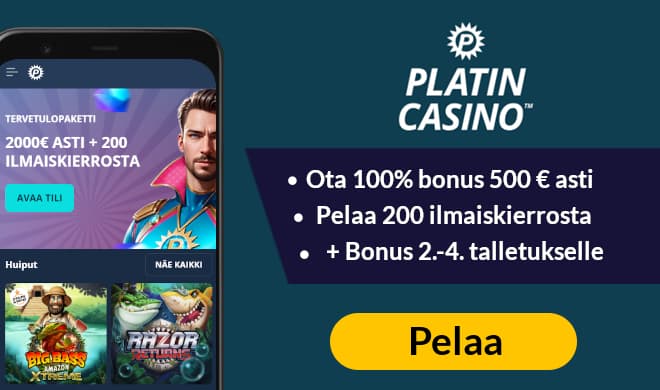 Aloita pelit nyt Platin Casino sivustolla 100% talletusbonuksella aina 300 € asti
