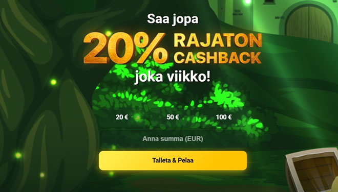 Cashback Kasinon bonuksena toimii 20% käteispalautus