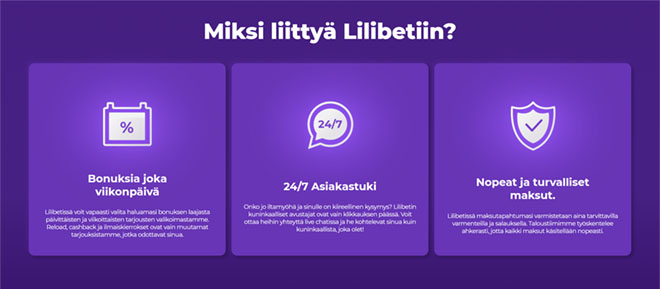 Tärkeimmät syyt valita Lilibet ovat 24/7 asiakaspalvelu sekä päivittäiset bonukset