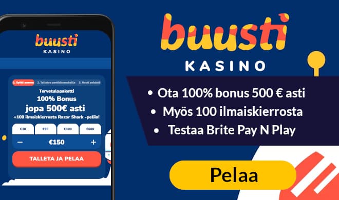 Buusti Kasino tarjoaa 100% bonuksen 500 € asti + 20 ilmaiskierrosta