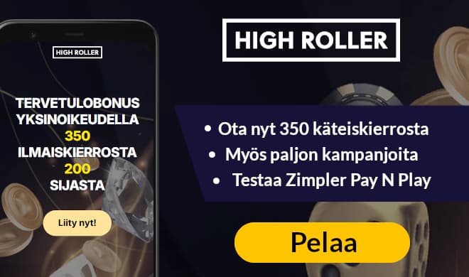 Highroller kasino tarjoaa vuonna 2022 uudistuneella sivustolla heti kättelyssä 300 käteiskierrosta