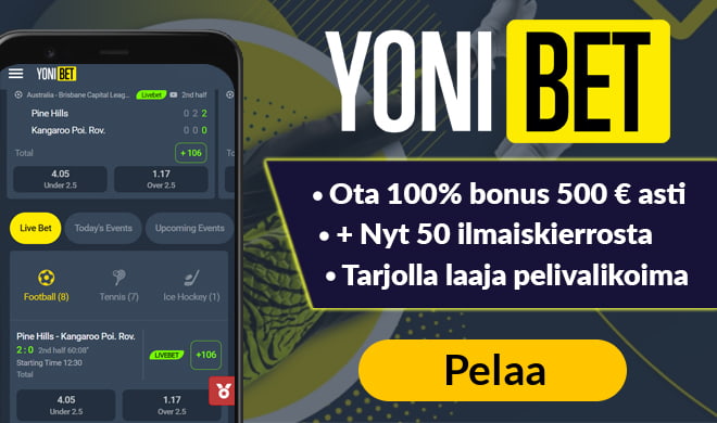 yonibet uniikki ensitalletusbonus, 100% 500 € asti ja 50 käteiskierrosta