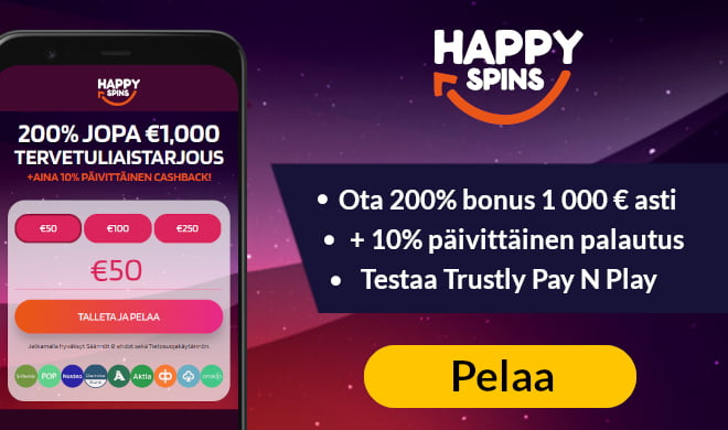 HappySpins Casino tarjoaa 200% käteisbonuksen 200 € asti