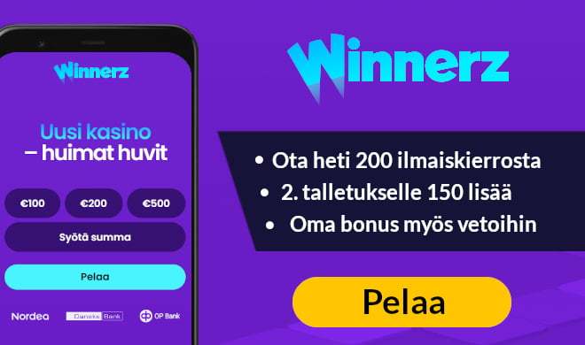 Aloita pelit Winnerz Casinolla 200 ilmaiskierroksella nyt