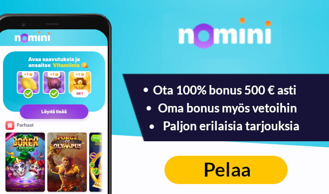 Nomini casinon tervetulobonus esimerkiksi 200% 50 euroon asti