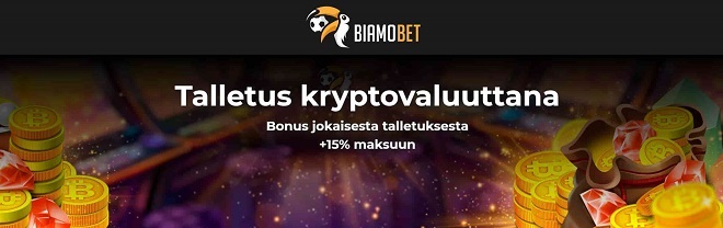 Kun talletat Biamobet kasinolle kryptovaluuttaa, saat 15% bonusta talletussummasta.