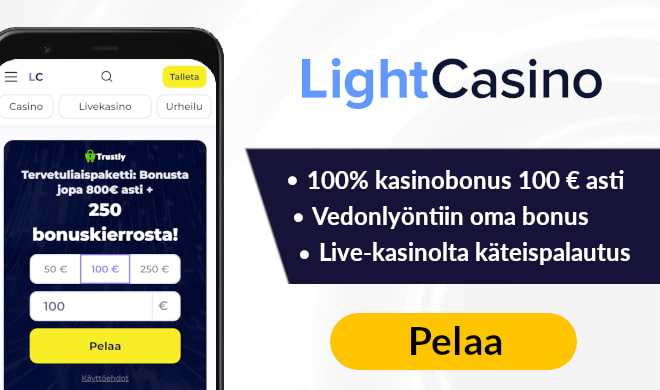 LightCasino bonus 100% kasinolle tai vedonlyöntiin