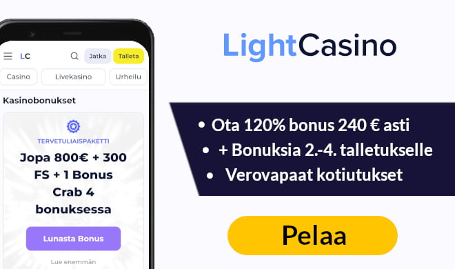 LightCasino bonus 100% kasinolle tai vedonlyöntiin